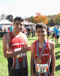 Celebrating Jesse's success (26th place out of about 140, 2cd under 20 years old), and celebrating my 51st place finish.